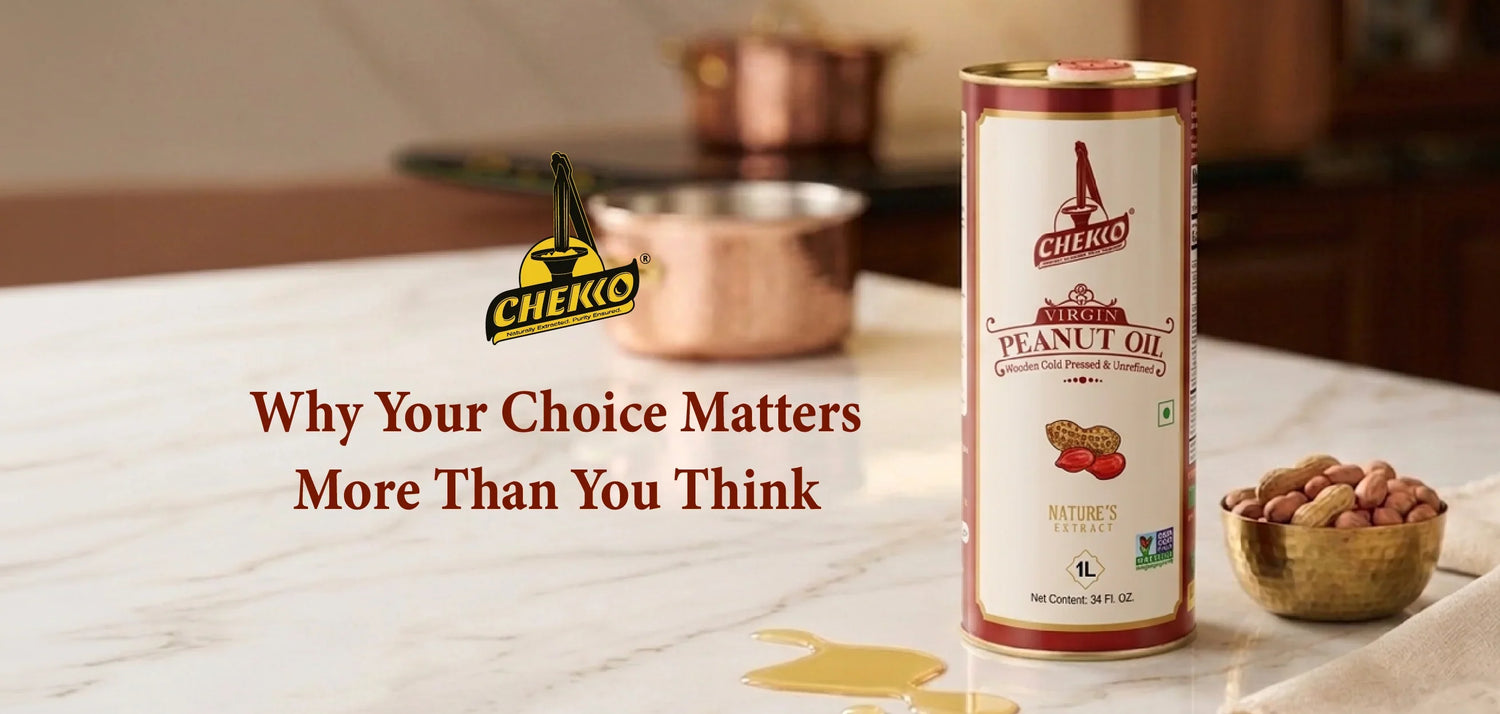 premium Chekko cold pressed Peanut oil tin in a kitchen 
