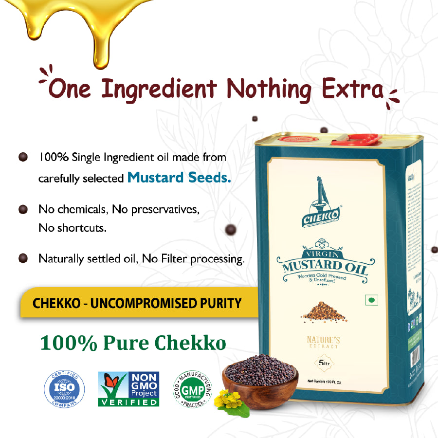 Chekko Virgin Mustard Oil packaging with product details and certification logos on a white background. | 100% single ingredient oil