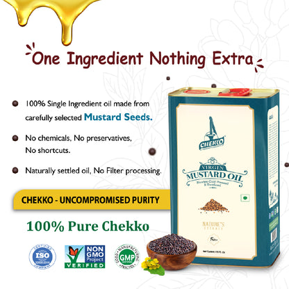 Chekko Virgin Mustard Oil packaging with product details and certification logos on a white background. | 100% single ingredient oil