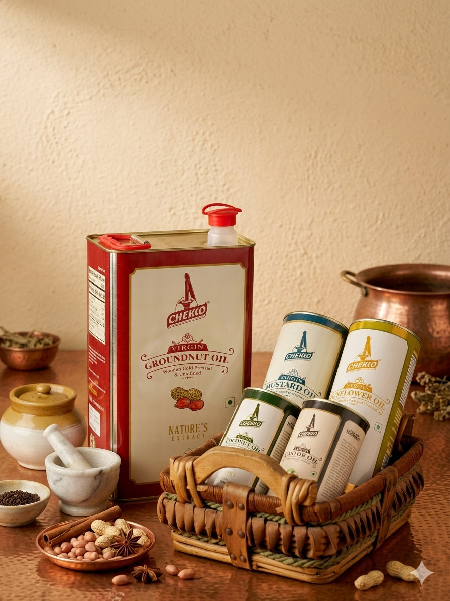 Chekko Organic Cold Pressed Oil Collection - Groundnut, Mustard and Sunflower Oil in a Basket | Buy Pure Unrefined Cooking Oils USA